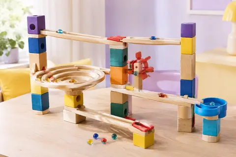 Circuit de billes Hape Quadrilla monté sur une table claire, avec ses rails, blocs, moulinet et billes.