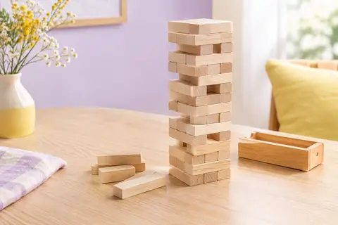 Tour de blocs en bois en équilibre avec quelques pièces retirées, sur une table claire aux tons doux.