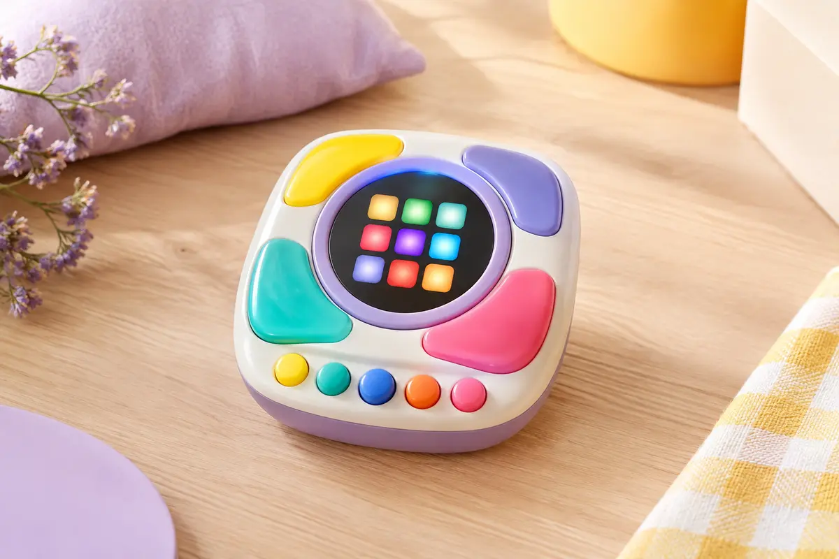 Jeu électronique de mémoire multicolore posé sur une table en bois clair dans un décor lilas et crème.
