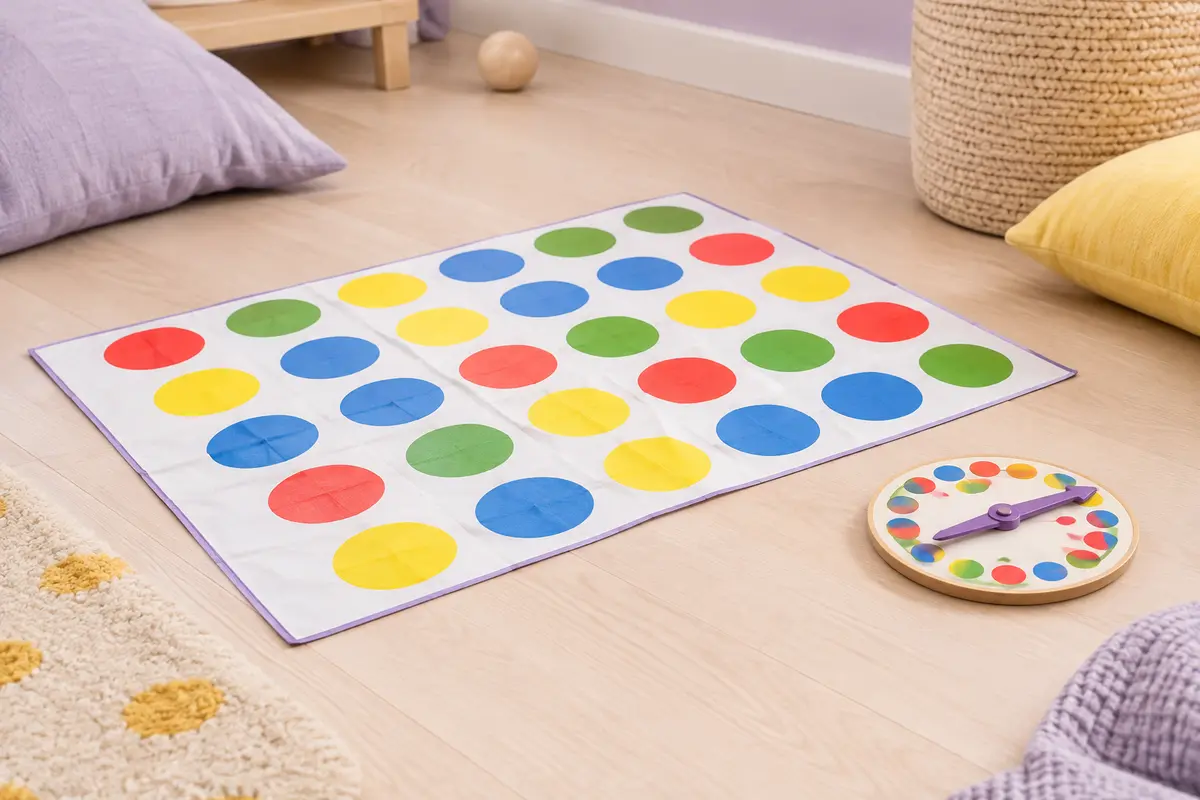 Tapis de jeu multicolore avec pastilles rouges, jaunes, bleues et vertes et tourniquet assorti