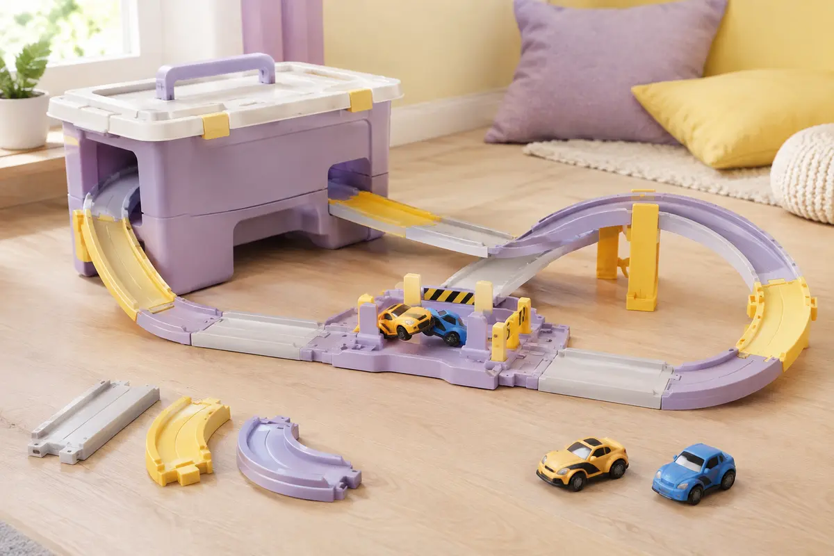 Circuit de voitures multicolore avec boîte de rangement, pistes modulaires et deux petites voitures