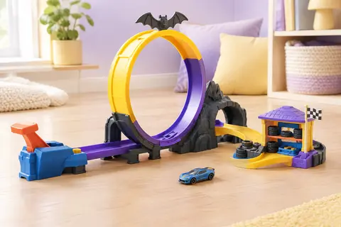 Circuit Hot Wheels multicolore avec looping pivotant, chauve-souris et petite voiture sur fond doux