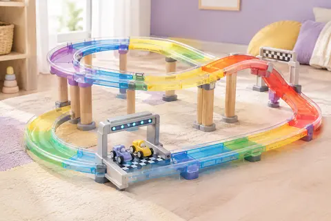Circuit de course arc-en-ciel avec deux karts, une grille de départ et une arrivée électronique
