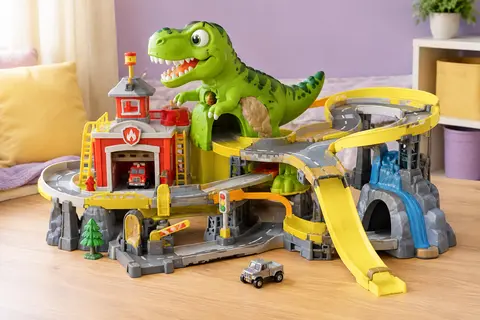 Circuit de voitures vert avec T-Rex interactif, caserne de pompiers et camion miniature sur une piste.