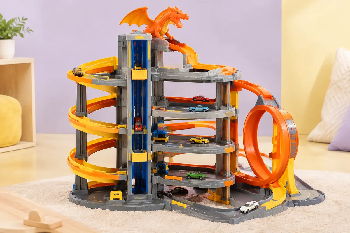 Garage de jeu à quatre niveaux avec dragon orange, pistes, looping et voitures miniatures.
