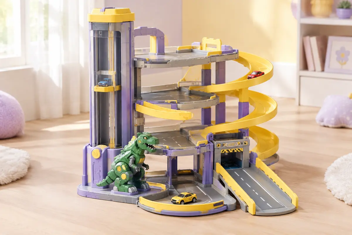 Garage de voitures miniature à plusieurs niveaux avec pistes, ascenseur et dinosaure robot vert