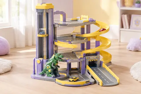 Garage de voitures miniature à plusieurs niveaux avec pistes, ascenseur et dinosaure robot vert