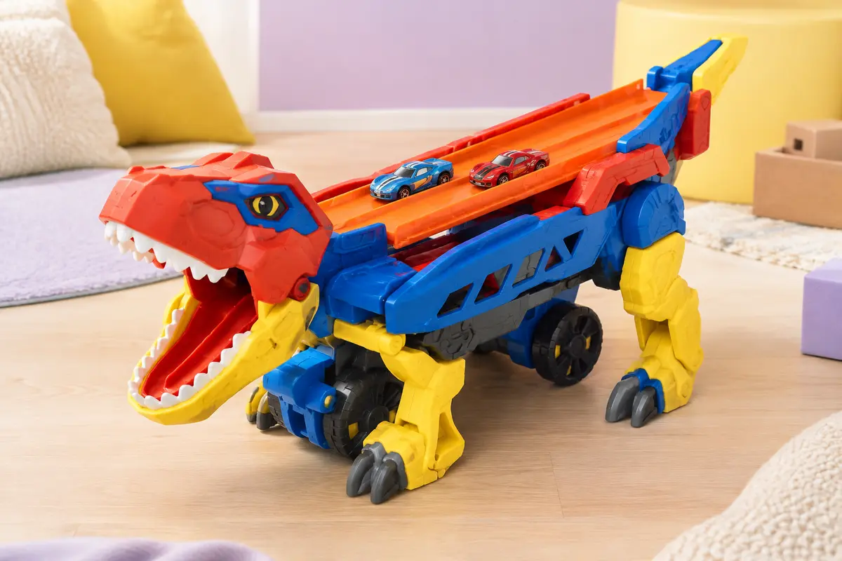 Transporteur Hot Wheels transformé en T-Rex, avec deux voitures sur sa piste à double voie.