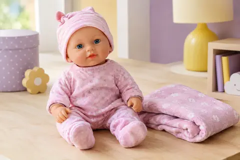 Poupée bébé en tenue rose avec chapeau et couverture, présentée dans un décor clair et doux