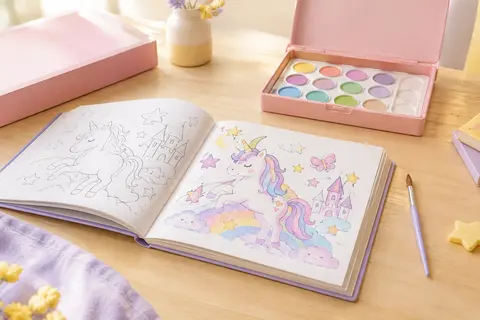 Livre aquarelle rose ouvert sur une page de licorne, accompagné de peintures et d’un pinceau.