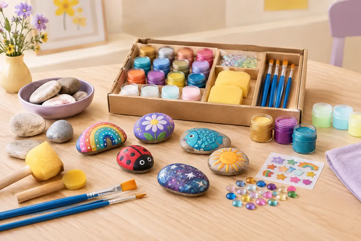 Kit de peinture sur galets avec pinceaux, peintures multicolores et accessoires décoratifs sur une table claire.
