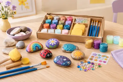 Kit de peinture sur galets avec pinceaux, peintures multicolores et accessoires décoratifs sur une table claire.