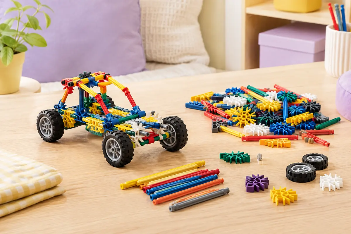 Pièces de construction K’NEX colorées et petit véhicule assemblé sur une table en bois clair