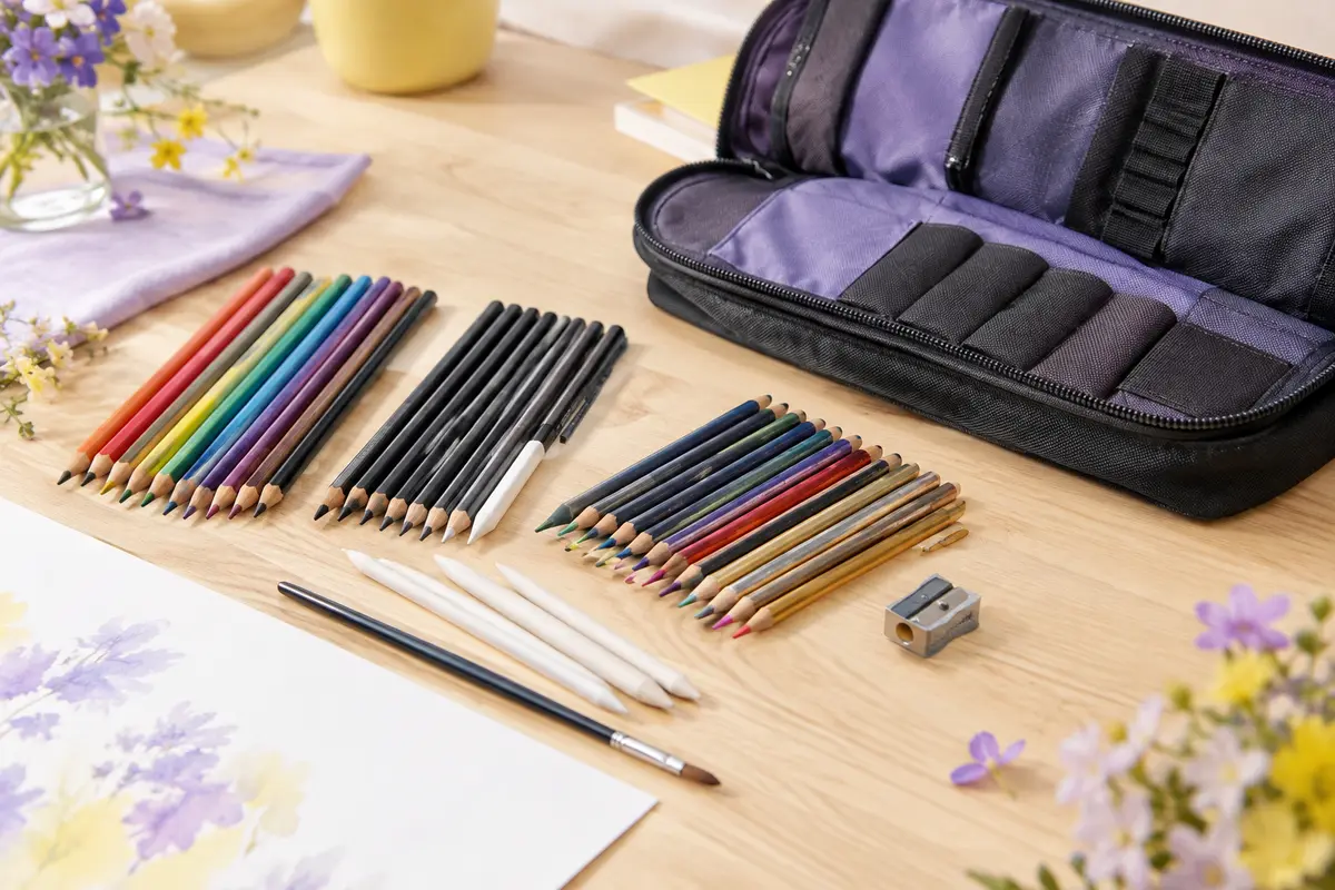 Coffret de dessin ouvert avec crayons multicolores et accessoires sur une table claire aux tons lilas et crème.