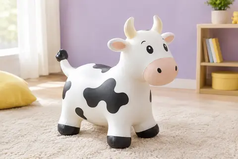 Animal sauteur gonflable Kindsgut en forme de vache présenté dans un décor clair aux tons lilas et crème