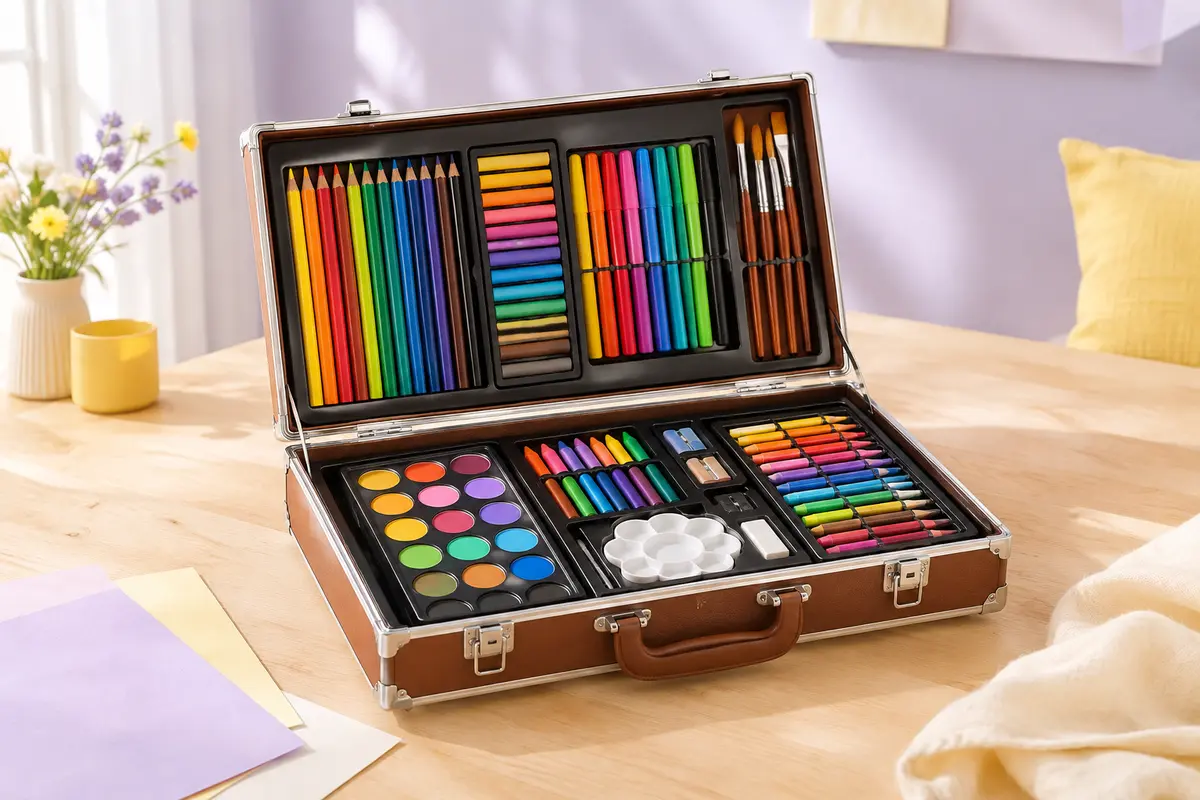 Mallette de dessin marron ouverte, avec crayons, feutres, pinceaux et peintures rangés sur deux niveaux.