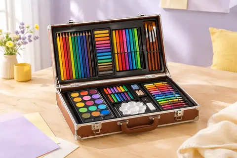 Mallette de dessin marron ouverte, avec crayons, feutres, pinceaux et peintures rangés sur deux niveaux.