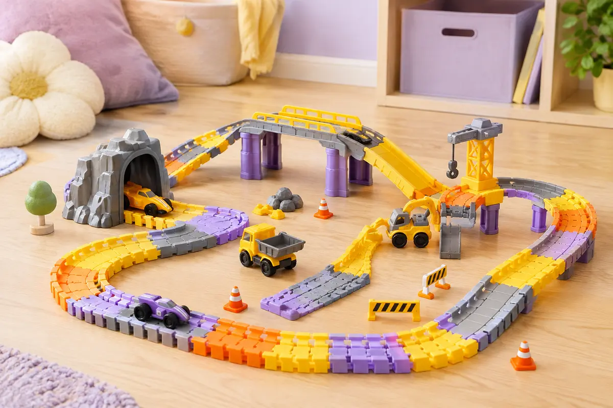 Circuit flexible multicolore avec voitures de course et mini camions de chantier sur une surface en bois clair.