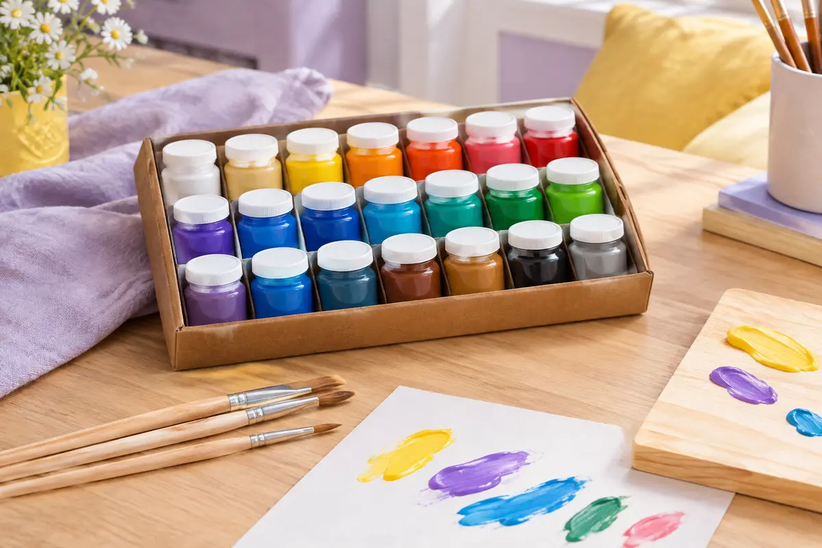 Kit de peinture acrylique aux couleurs vives avec trois pinceaux, présenté sur papier et bois clair.