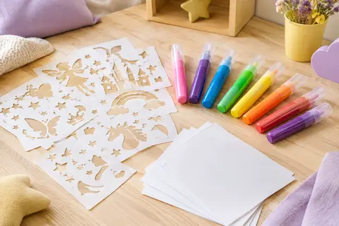 Feutres colorés à souffler, pochoirs féeriques et feuilles réunis pour une activité de dessin