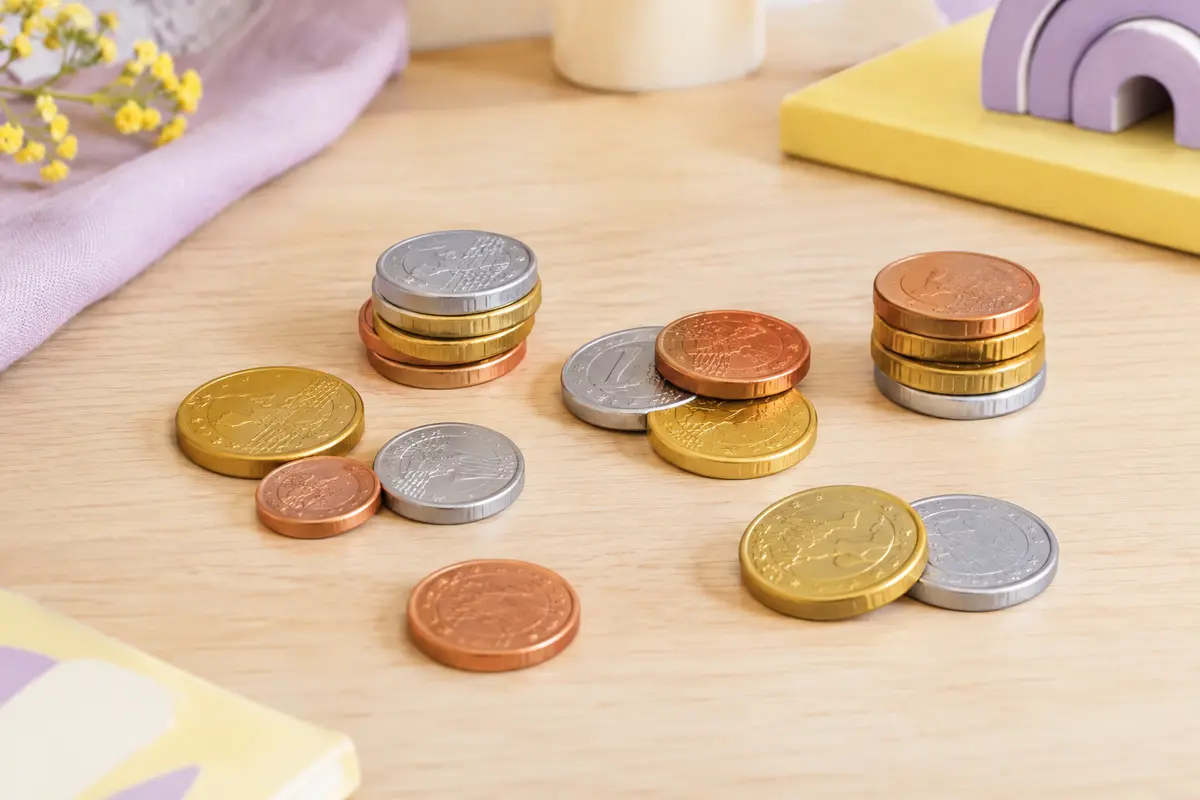 Pièces euros factices en plastique argentées, dorées et cuivrées disposées sur une table claire