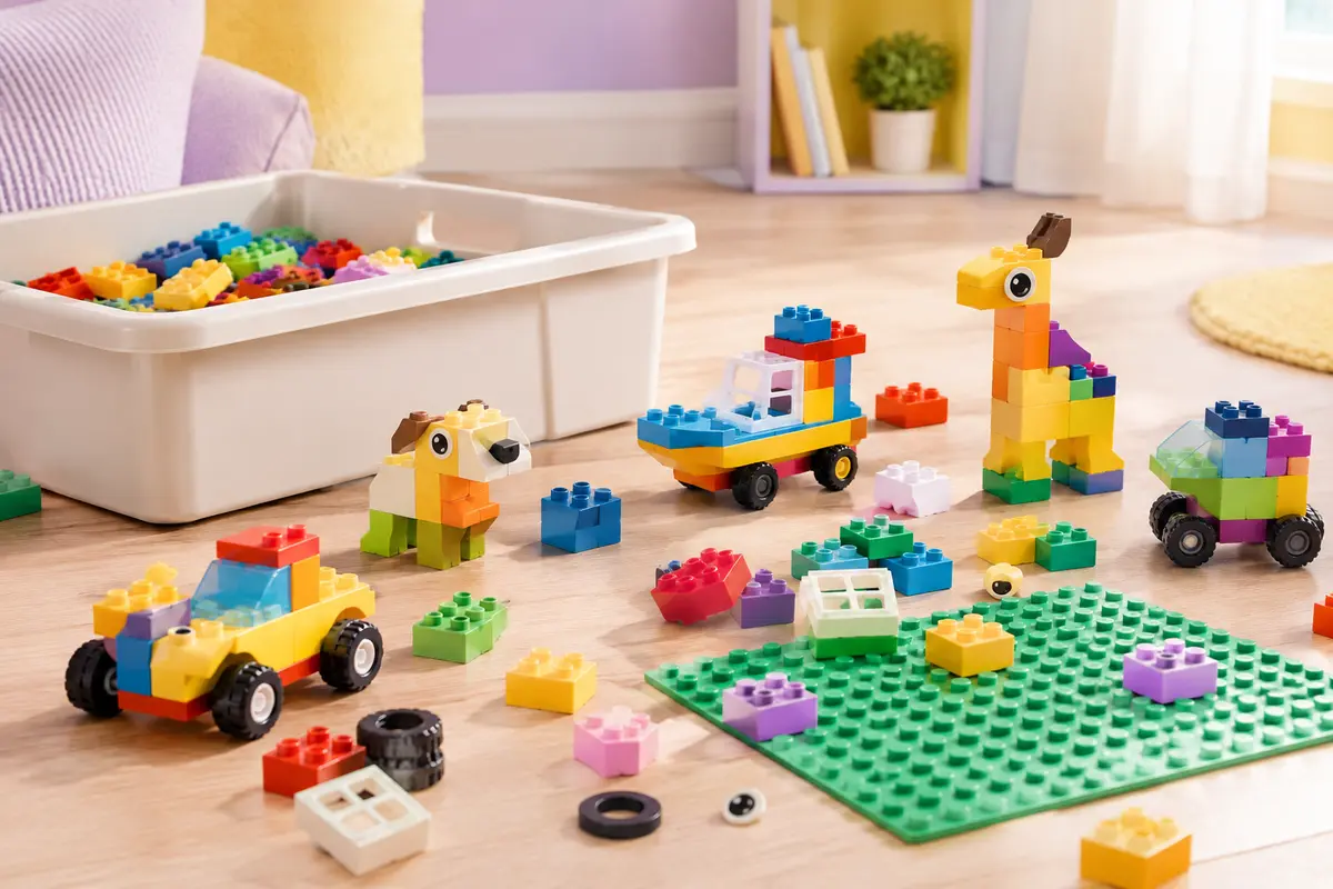 Briques de construction multicolores, roues et plaque verte près d’une boîte de rangement en plastique