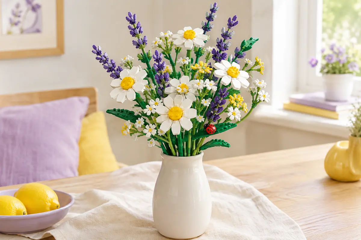 Bouquet de marguerites LEGO, lavande violette et coccinelle présenté dans un décor doux et lumineux.