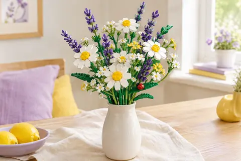Bouquet de marguerites LEGO, lavande violette et coccinelle présenté dans un décor doux et lumineux.