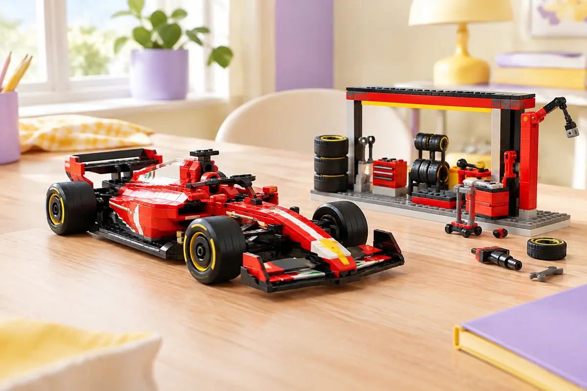 Kit LEGO City avec voiture Ferrari de Formule 1 et stand d’arrêt au stand coloré