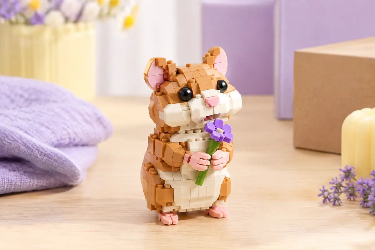 Hamster en briques tenant une fleur violette, présenté sur une surface claire dans un décor lumineux.