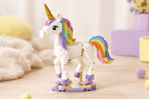 Licorne LEGO en briques colorées avec corne dorée, posée sur un support arc-en-ciel