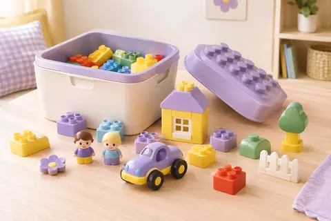 Boîte de briques de construction colorées avec voiture, deux figurines et éléments de maison