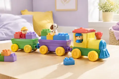 Train de construction multicolore avec briques et figurines, présenté sur une table en bois clair.