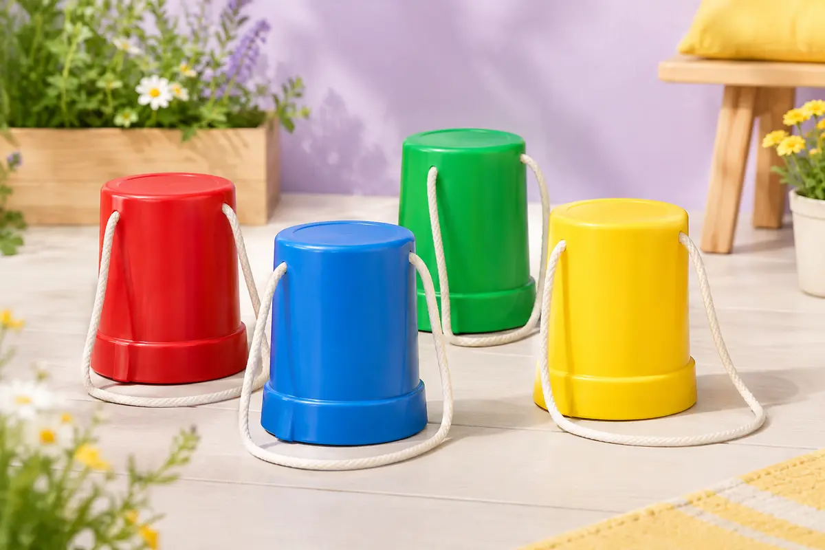 Paire d’échasses en pots LENA en plastique coloré avec leurs cordons, présentée dans un décor lumineux