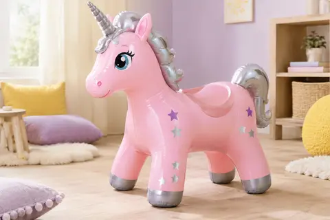 Licorne sauteuse gonflable rose à quatre pattes, avec assise, crinière argentée, corne et détails étoilés.