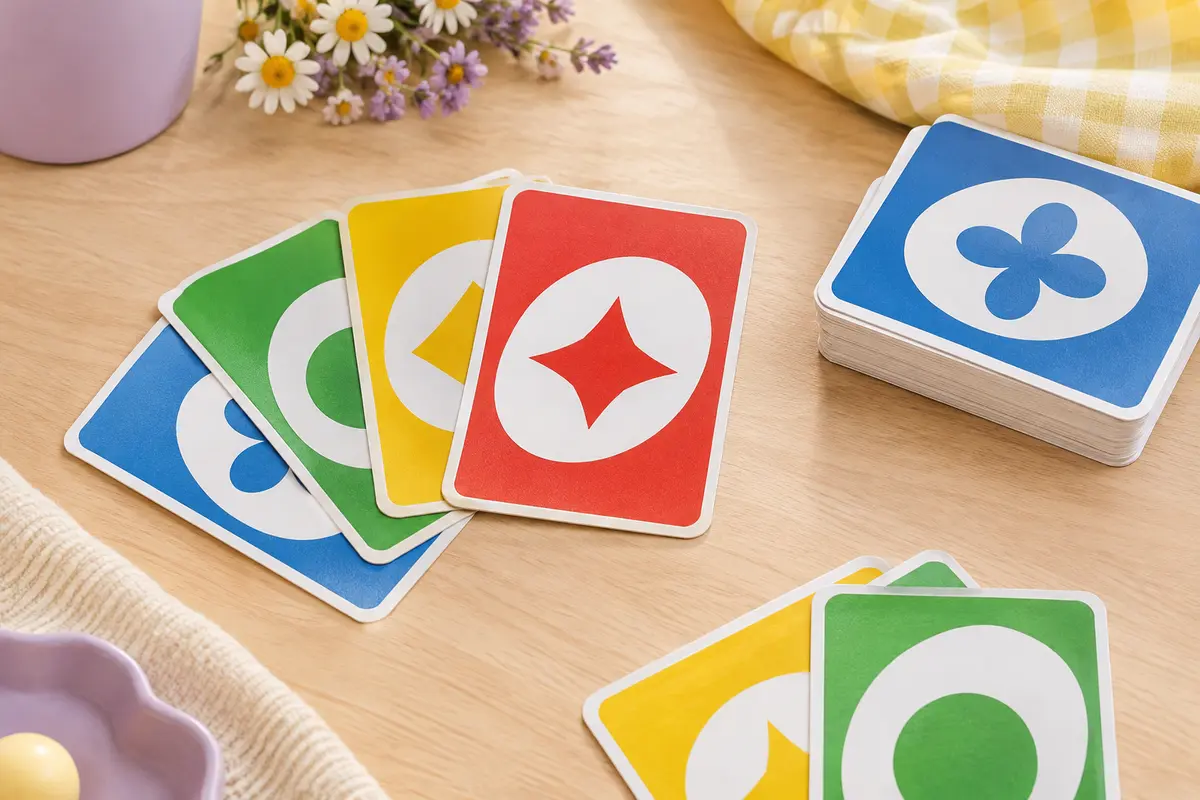 Cartes de jeu colorées en rouge, jaune, vert et bleu disposées sur une table en bois clair