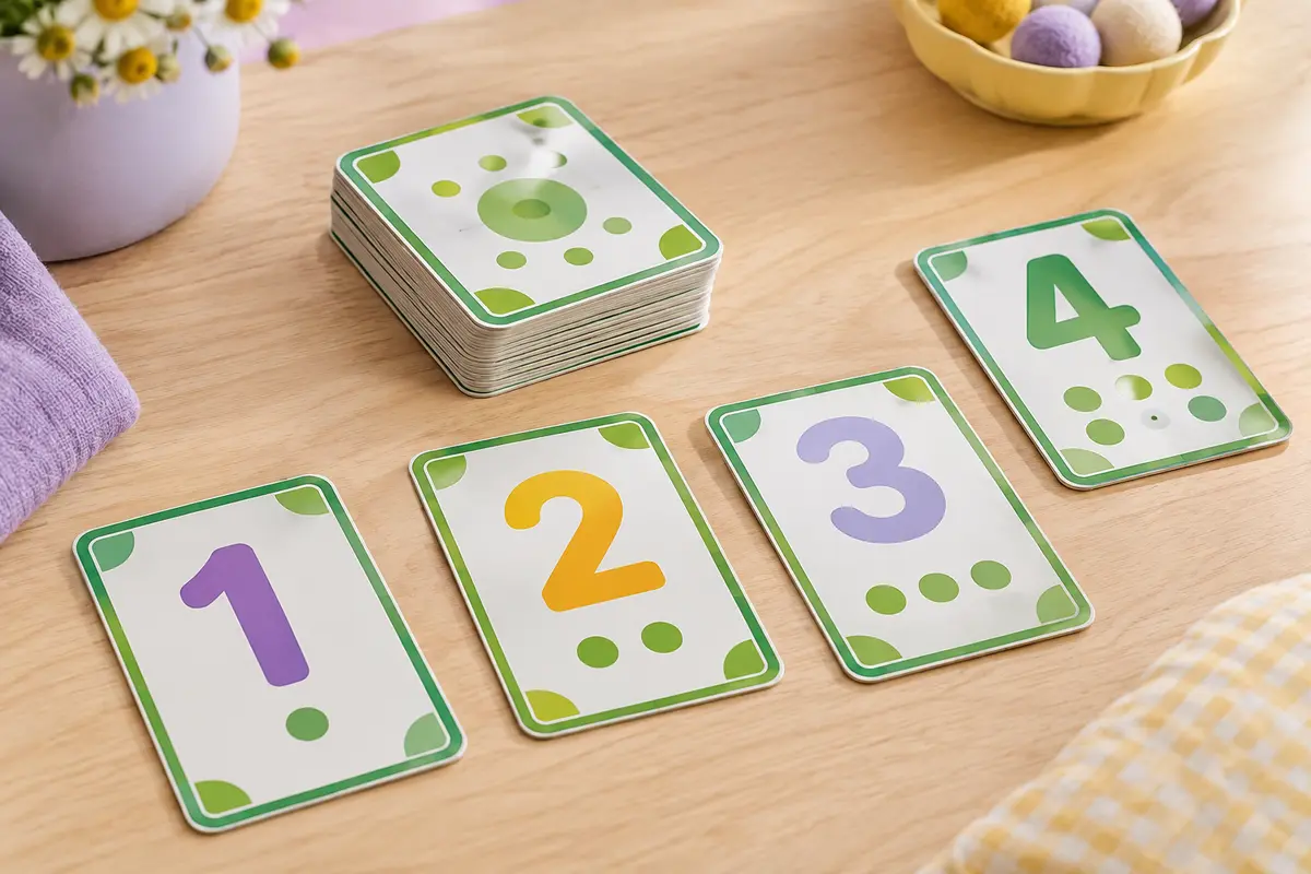 Cartes numérotées colorées du jeu Skip-Bo disposées sur une table en bois clair dans un décor doux