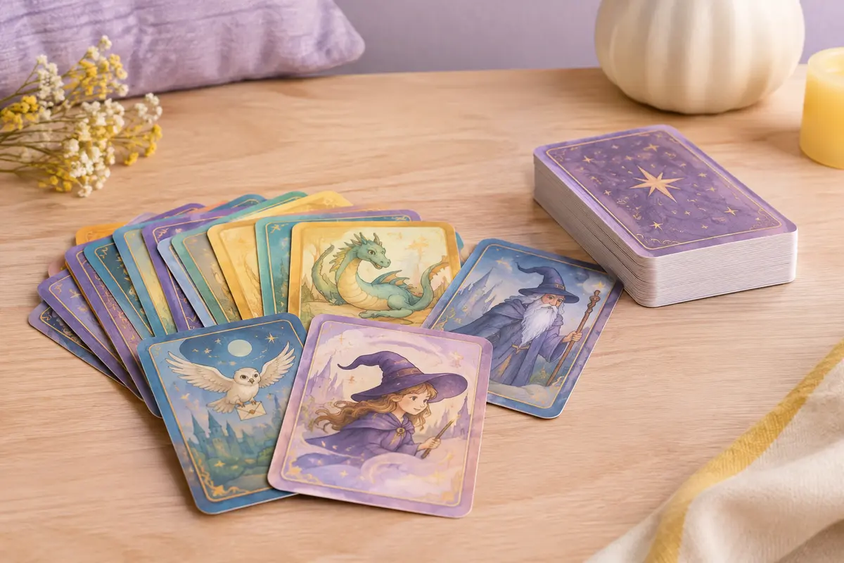 Cartes colorées du jeu UNO Harry Potter disposées sur une table en bois clair, dans un décor lilas et crème.