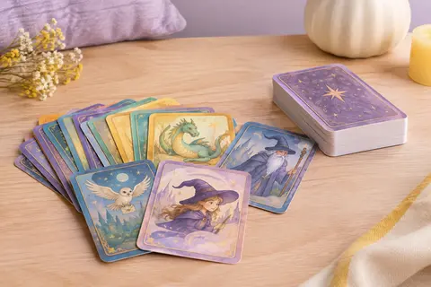 Cartes colorées du jeu UNO Harry Potter disposées sur une table en bois clair, dans un décor lilas et crème.
