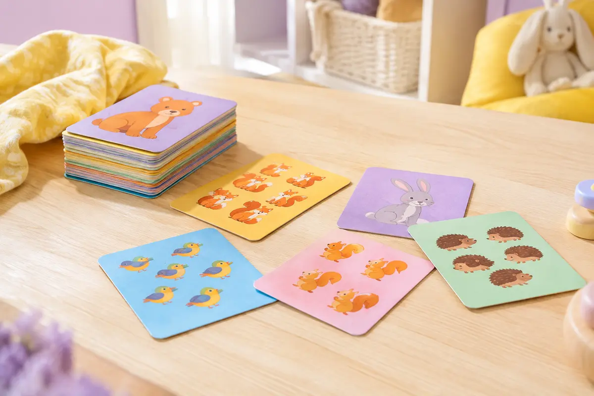 Cartes multicolores UNO Junior illustrées d’animaux, disposées sur une table en bois clair.