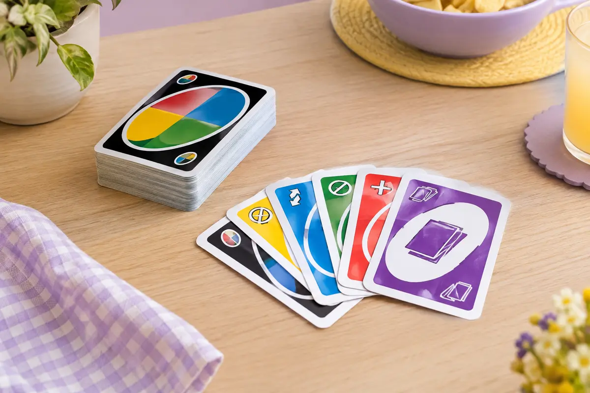 Jeu de cartes multicolores UNO No Mercy disposé sur une table claire dans un décor lilas et crème.