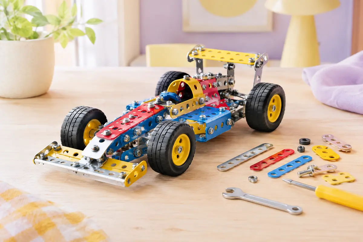 Véhicule de course en métal multicolore assemblé, présenté sur un décor clair aux accents lilas.
