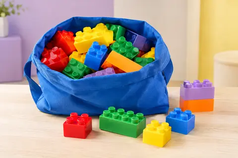 Sac bleu ouvert rempli de grands blocs de construction colorés, avec quelques pièces posées devant