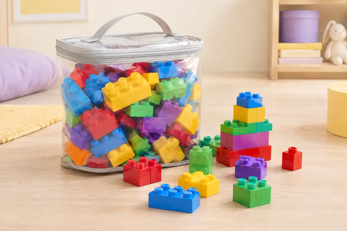 Sac de rangement ouvert avec des blocs de construction multicolores MEGA BLOKS sur une surface claire