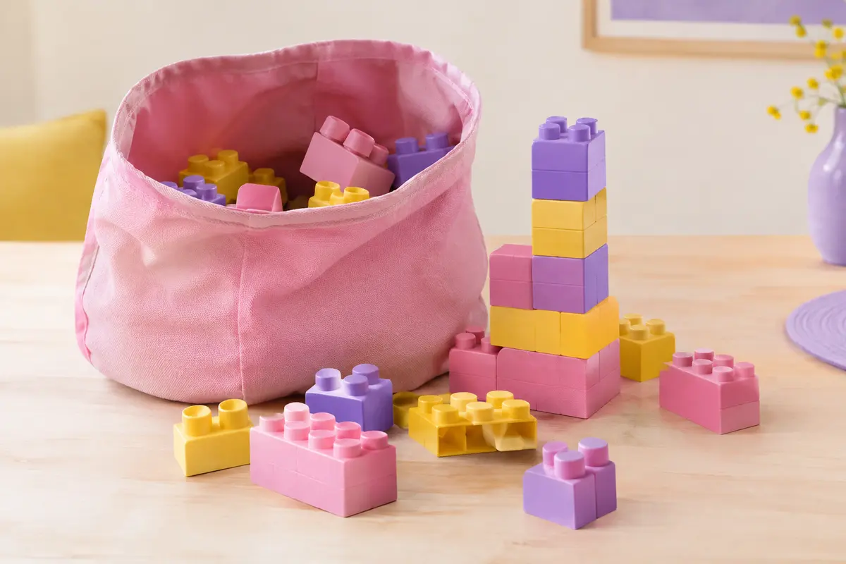 Sac rose ouvert avec de grands blocs de construction colorés posés sur une surface en bois clair.