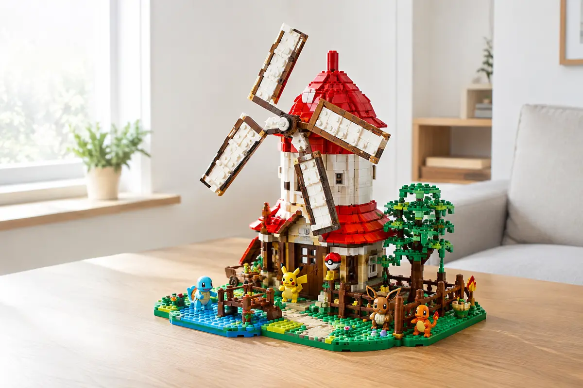 Moulin Pokémon en briques multicolores avec Pikachu, Roucool et Moumouton dans un décor rural
