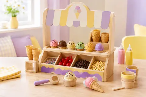 Comptoir de glacier en bois multicolore avec portions de glace, cônes et accessoires de jeu