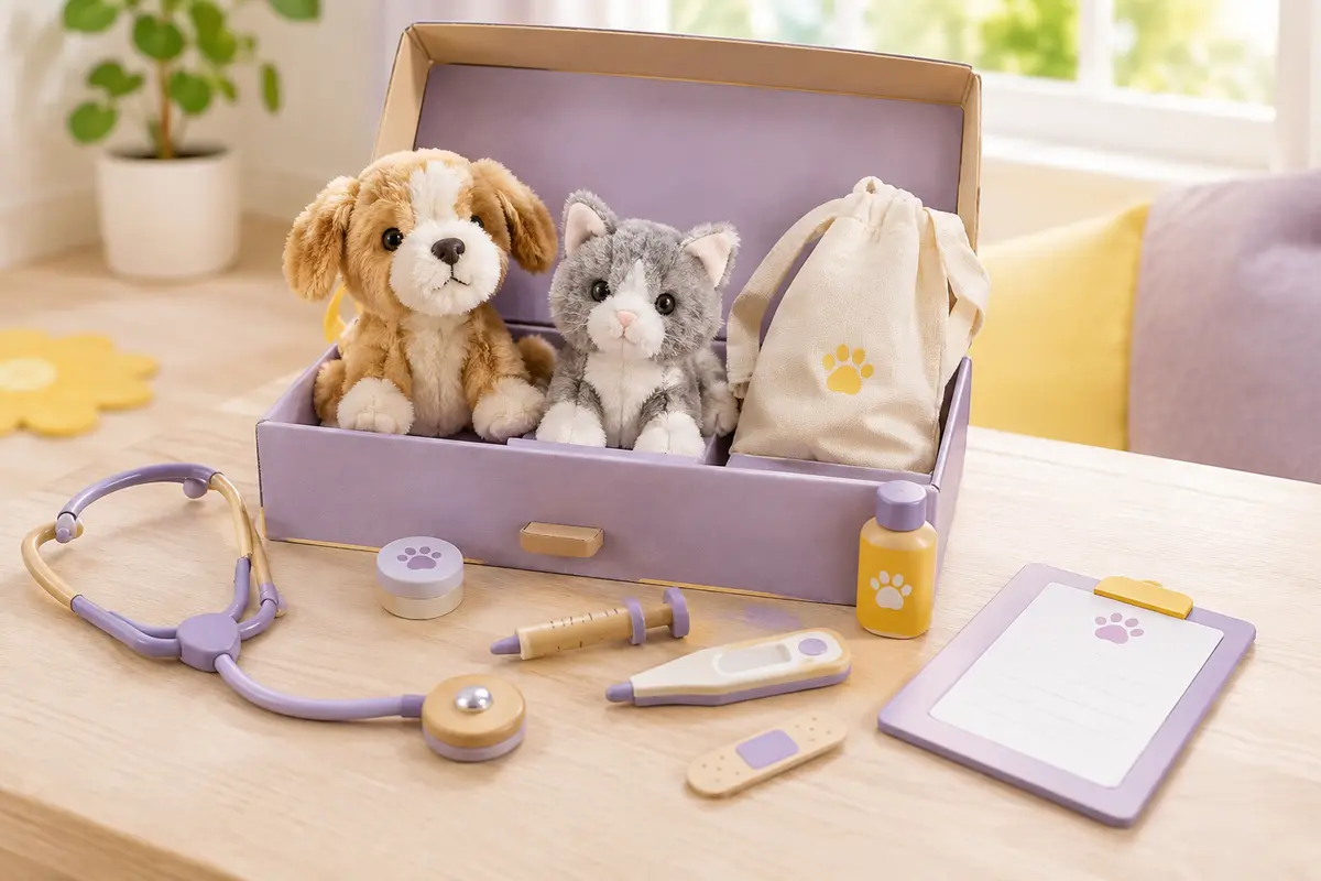 Coffret vétérinaire avec peluches de chien et de chat et accessoires sur un fond lilas et crème