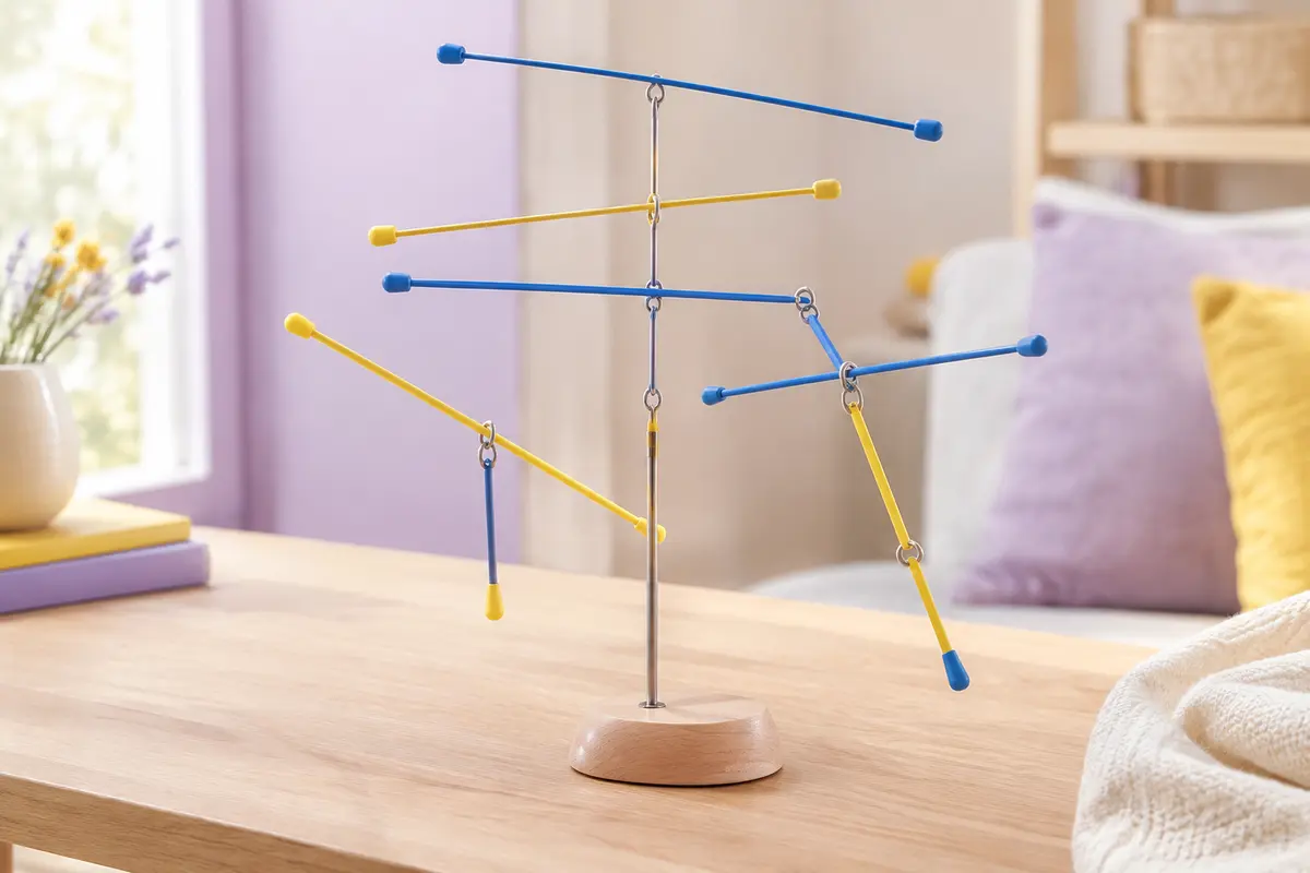 Jeu d’équilibre Suspend avec ses baguettes colorées suspendues à une structure posée sur une table claire.