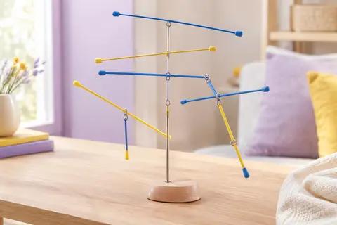 Jeu d’équilibre Suspend avec ses baguettes colorées suspendues à une structure posée sur une table claire.